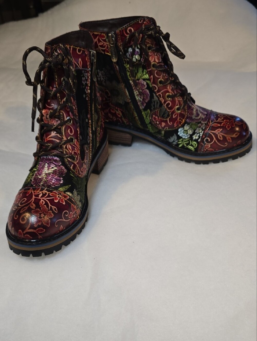 Embroidered Floral Lace-Up Ankle Boots - Burgundy Multi - Picture 2 of 10